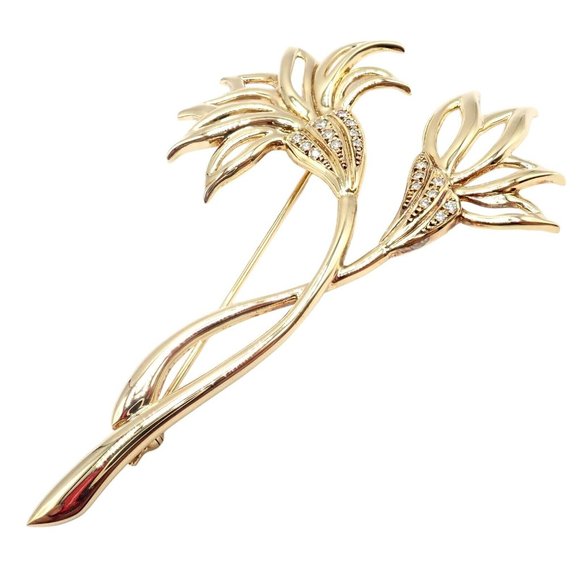 Rare! Vintage Mikimoto 18k Yellow Gold Diamond Large Double Flower Brooch - Picture 9 of 10